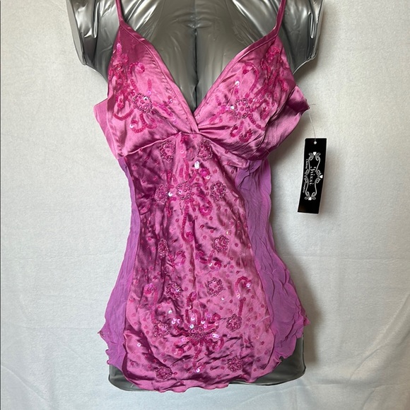 NWT VTG Pink Sequin Embellished Sequin Beaded Crinkle Camisole Spaghetti Strap S - Picture 1 of 10